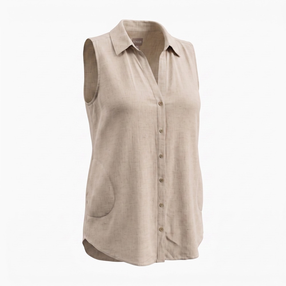Chico's Linen Cotton Tank 2‎ Beige Sleeveless Button Down Tunic Coastal Grandma